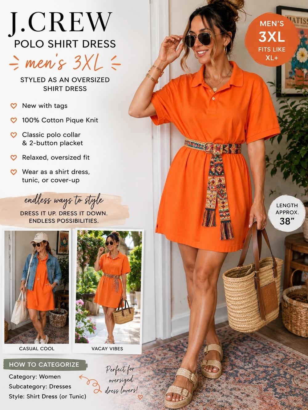 J.Crew NWT Orange Polo Shirt Dress Oversized Men's 3XL Preppy Cotton